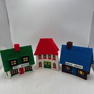 3 Vintage Plastic Canvas Yarn Village Houses Gift Shoppe Store Christmas .Rare